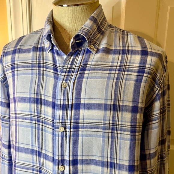 EUC Men's Ledbury Slim Fit Blue White Plaid 100% Linen Button Down Shirt Size XL - Picture 2 of 3